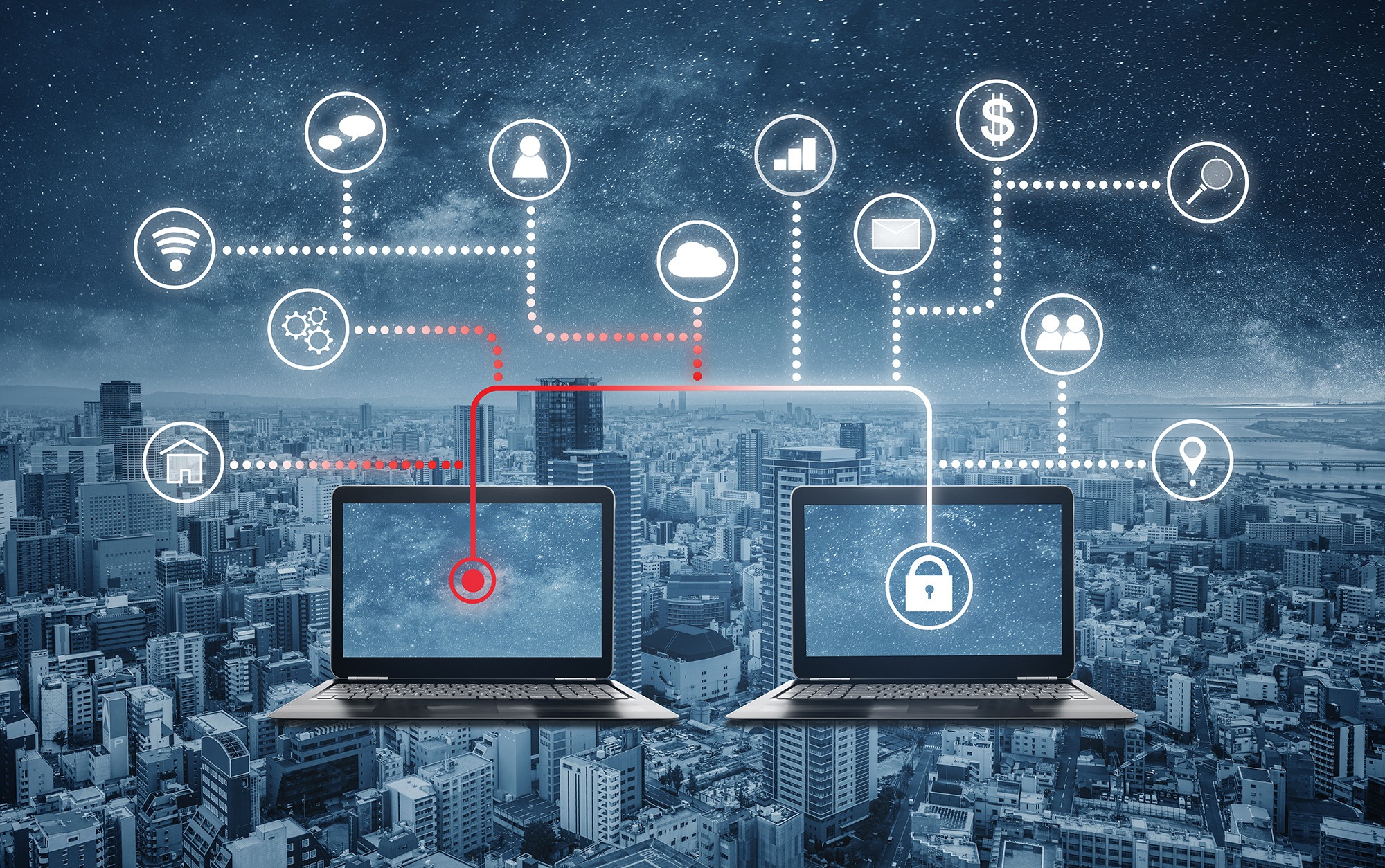 Two laptops connected by red and white lines symbolize data flow, with cloud, security, and communication icons representing cyber connectivity.