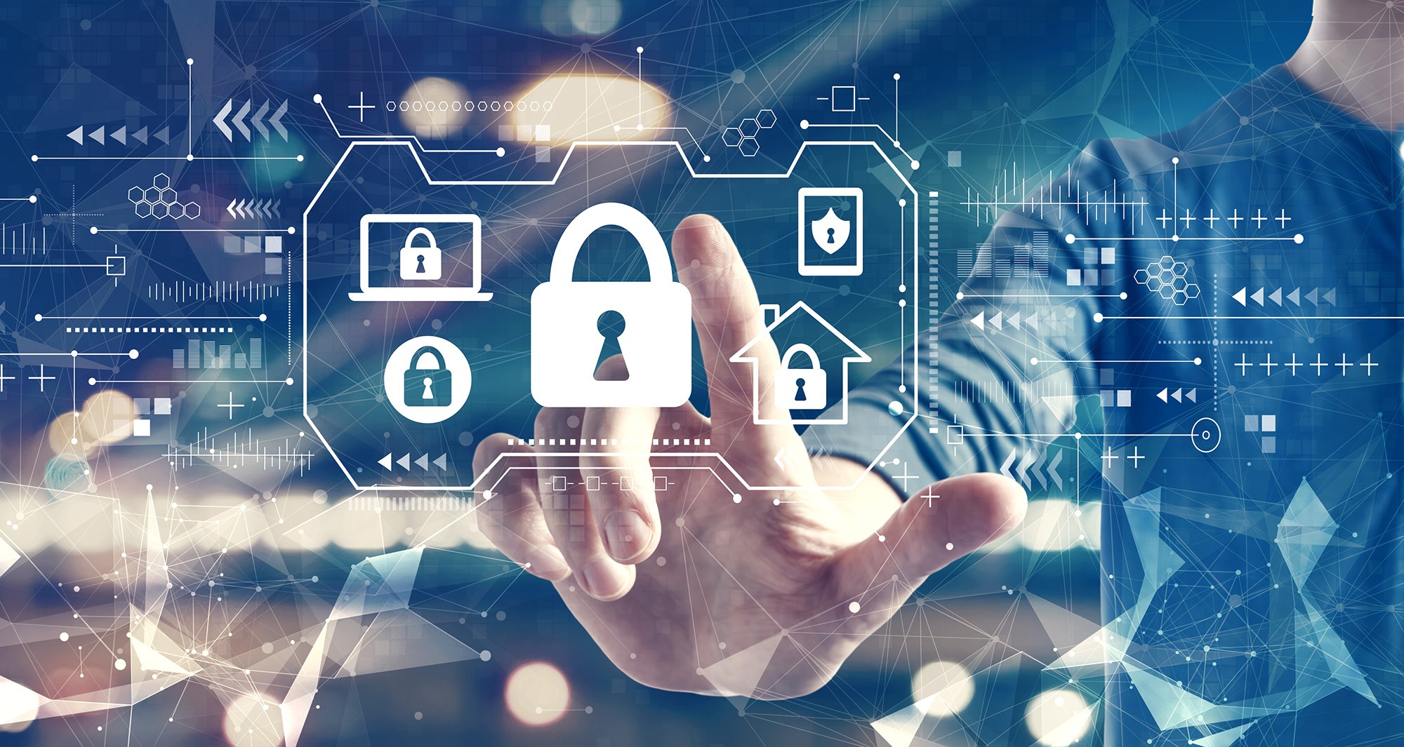 A person reaches toward digital security icons, including padlocks and a house, representing cybersecurity and protecting personal data.
