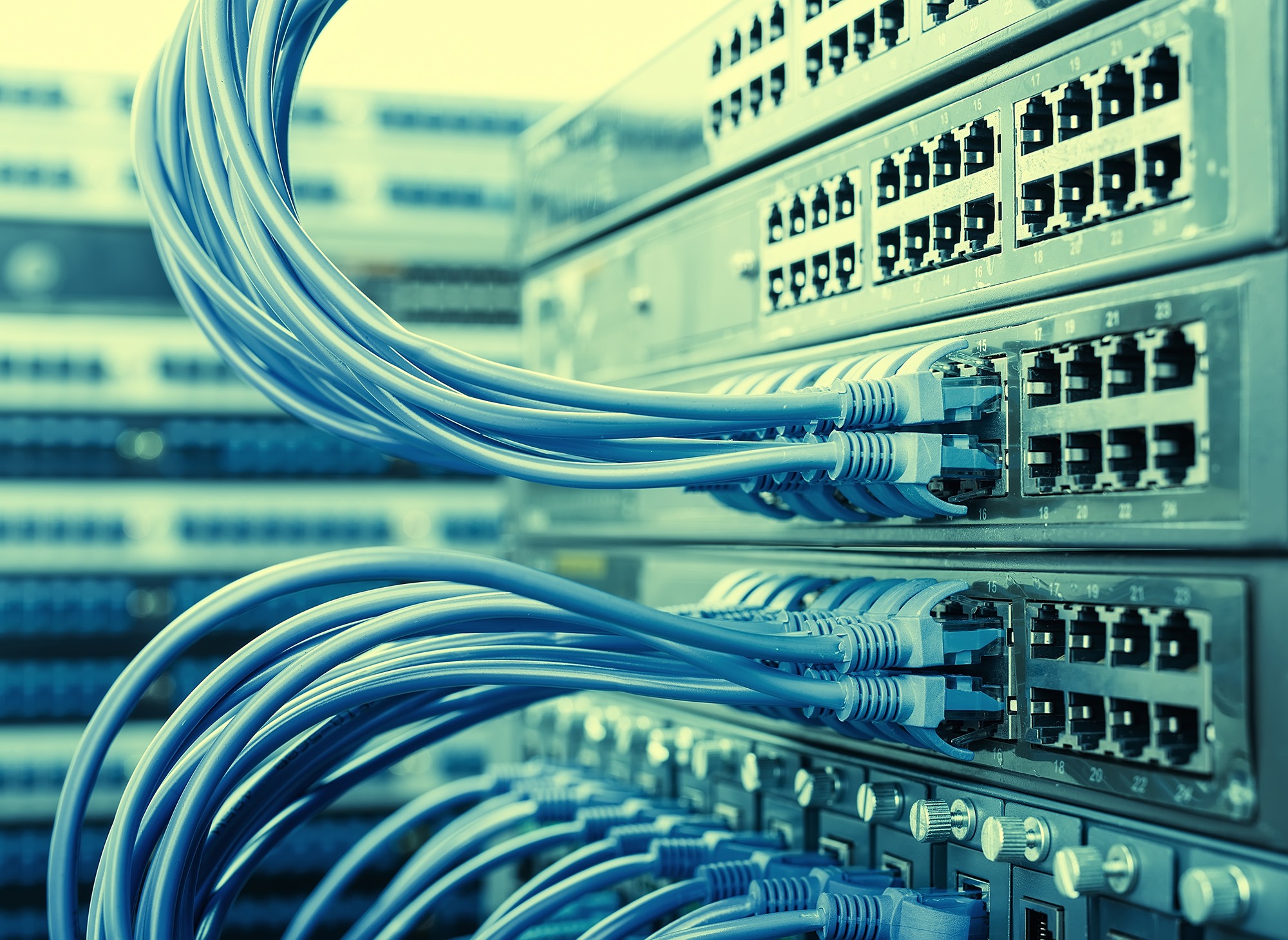 Network switches with blue Ethernet cables connected, illustrating a data center setup crucial for communication infrastructure.